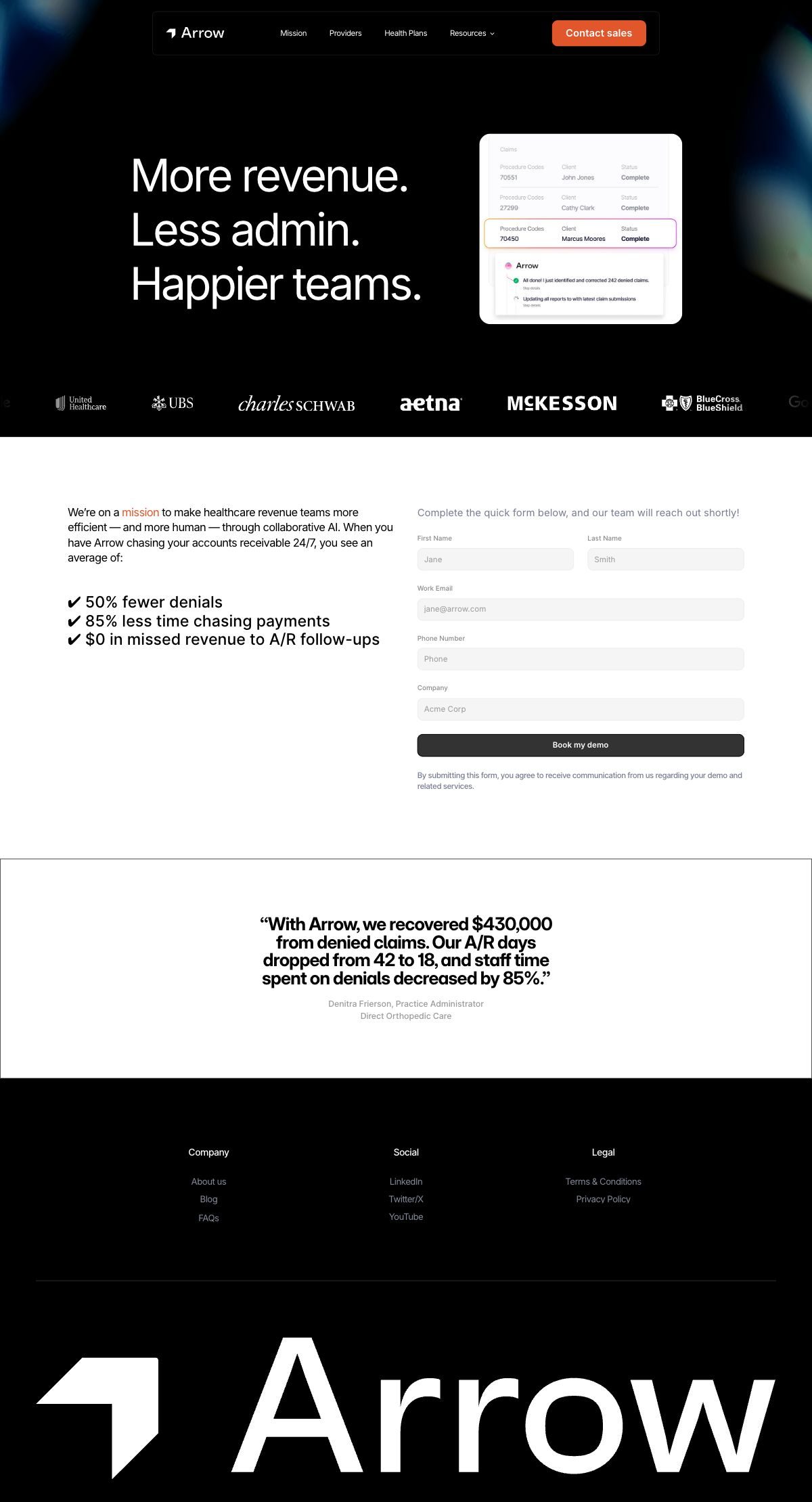 Book a demo page: outcome list beside a short lead form