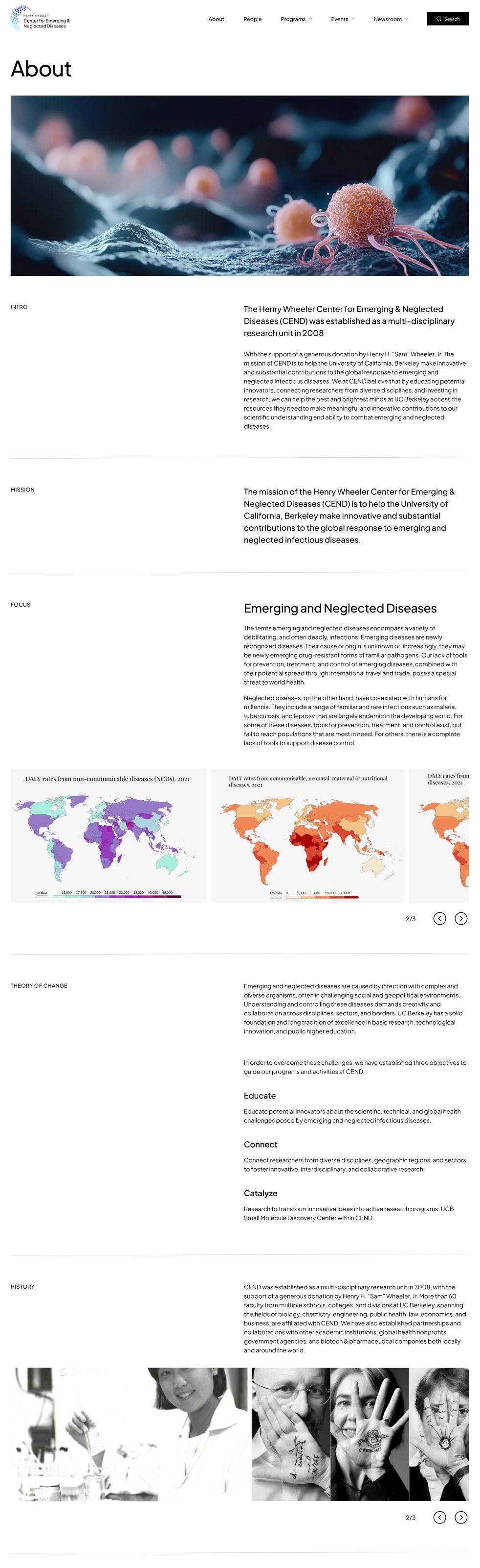 About page with labelled sections: Intro, Mission, Focus, Theory of Change