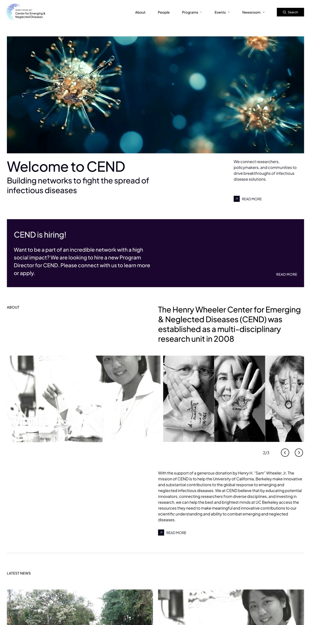Redesigned CEND homepage on desktop: hero image, Welcome to CEND headline, hiring banner