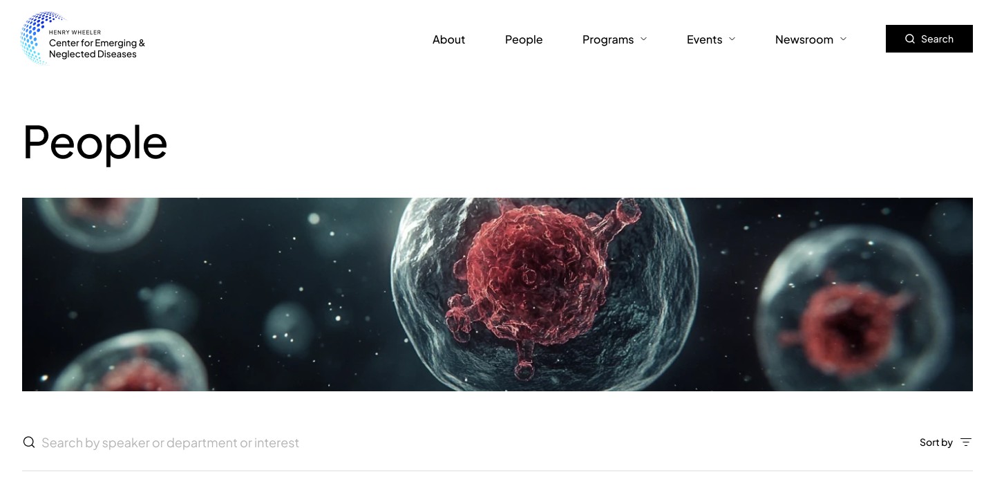 Desktop navigation on the People page: About, People, Programs, Events, Newsroom and Search