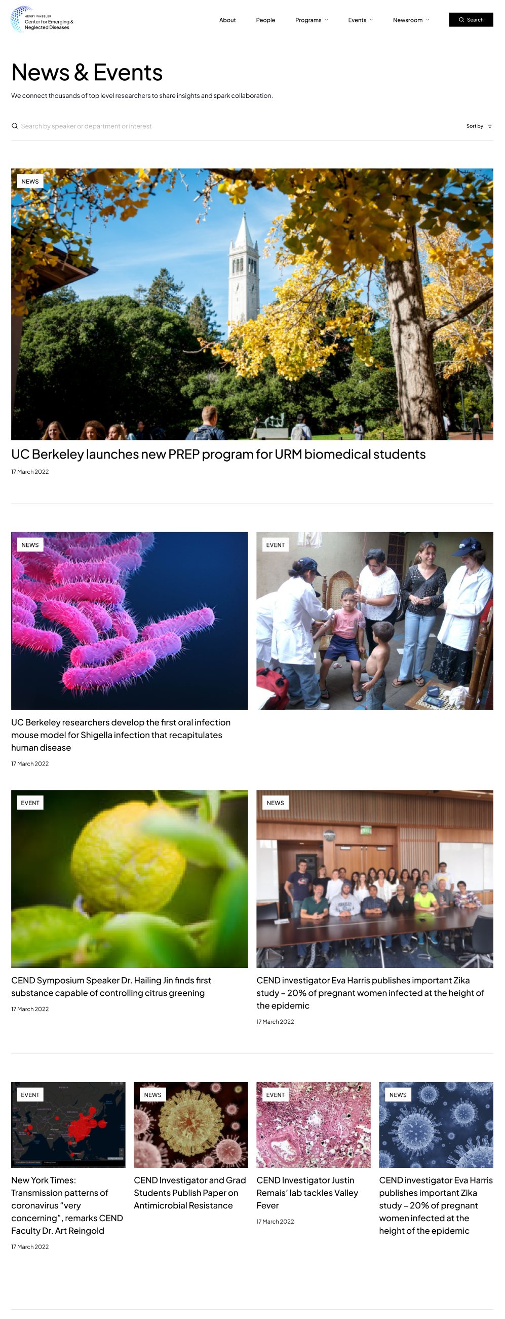 News & Events page from the top: search, then tagged news and event cards