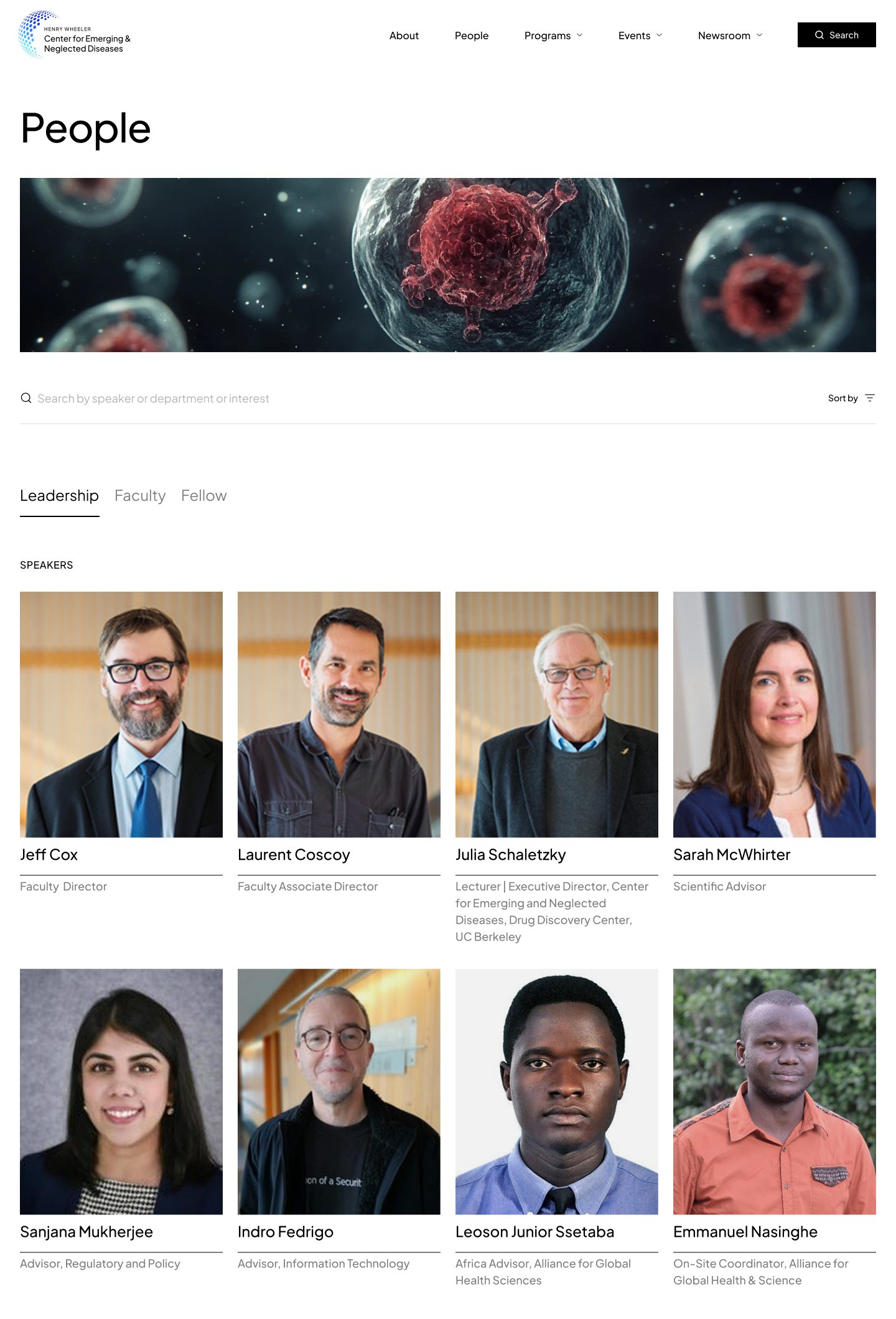 People directory with search, Leadership, Faculty and Fellow tabs, and portrait cards